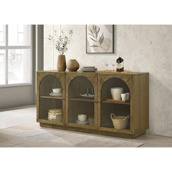 Castlewood Brown Oak Wood Top 70.75 in. Dining Sideboard Buffet Server with Wood-frame Glass Doors