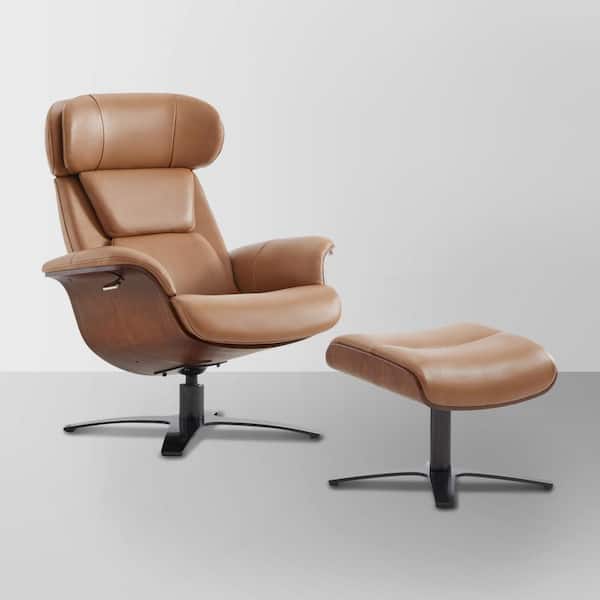Theo Genuine Leather Recliner Swivel Chair with Ottoman and Adjustable Headrest for Living Room in Saddle