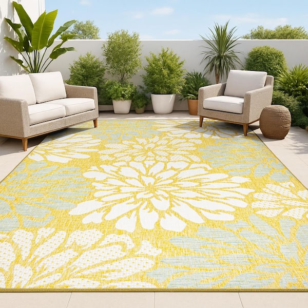 Zinnia Modern Floral Textured Weave Yellow/Cream 5 ft. x 8 ft. Indoor/Outdoor Area Rug