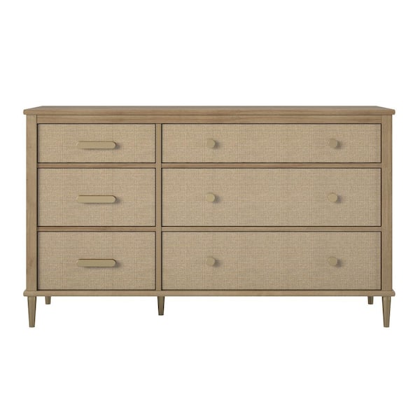 Little Seeds Shiloh Natural and Faux Rattan Particle Board, 53.54 in Convertible 6-Drawer Dresser with drawers