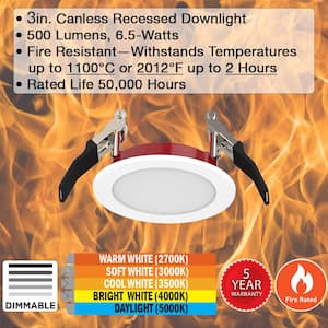 3 in. Fire Rated Canless Integrated LED Recessed Light Trim 500 Lumens Adjustable CCT Dimmable