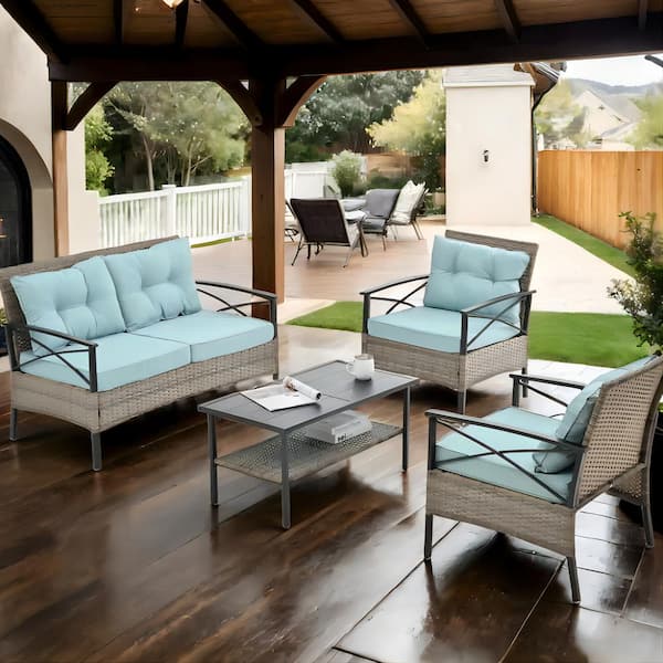 Unbranded 4-Piece Wicker Conversation Sets with Blue Cushions and Coffee Table for Balcony Porch Outside Backyard Garden.