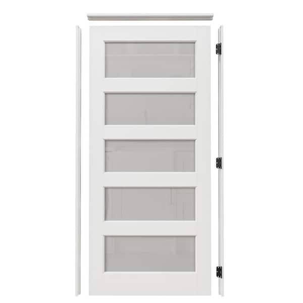 36 in. x 80 in. 5-Lite Frosted Glass Right White Solid Core Wood Single Interior Door with Quick Assemble Jamb