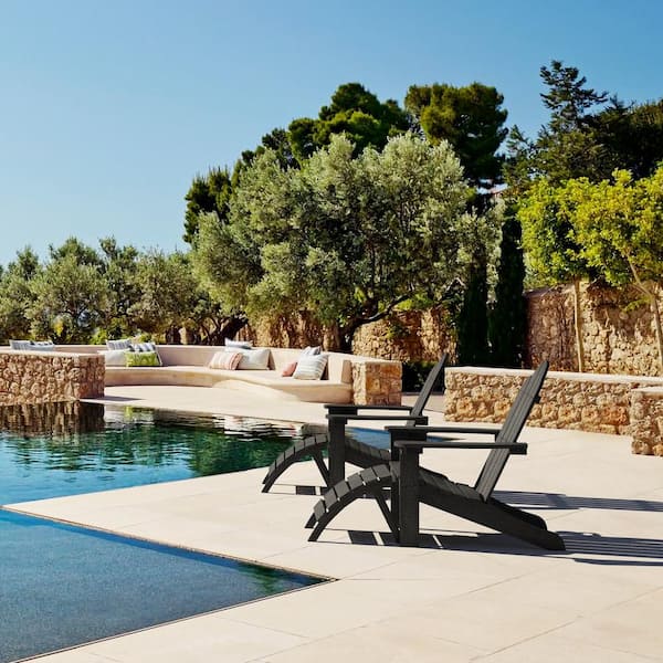 Grant Curveback Black Recycled HDPS Plastic Outdoor Patio Adirondack Chair with Cup Holder Fire Pit Chair Set of 3