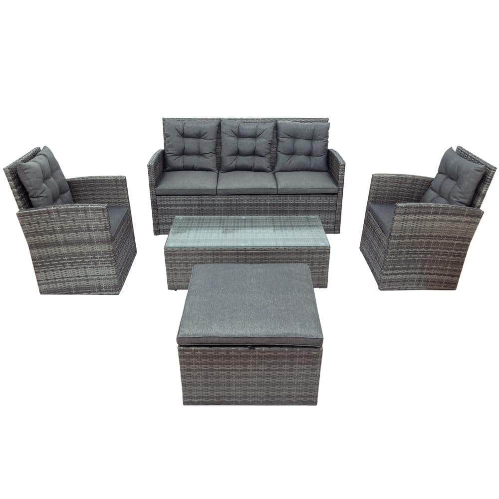 5-Piece PE Wicker Outdoor Patio Sofa Set with Sectional Sofa with Gray Cush