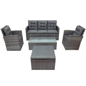 5-Piece PE Wicker Outdoor Patio Sofa Set with Sectional Sofa with Gray Cushion Chaise Longue with Glass Table, Gray