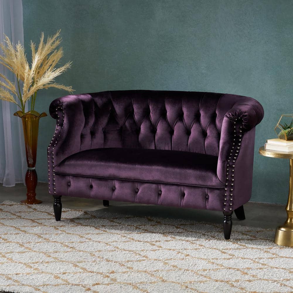 Blackberry Velvet Chesterfield Loveseat with Nailhead Accents