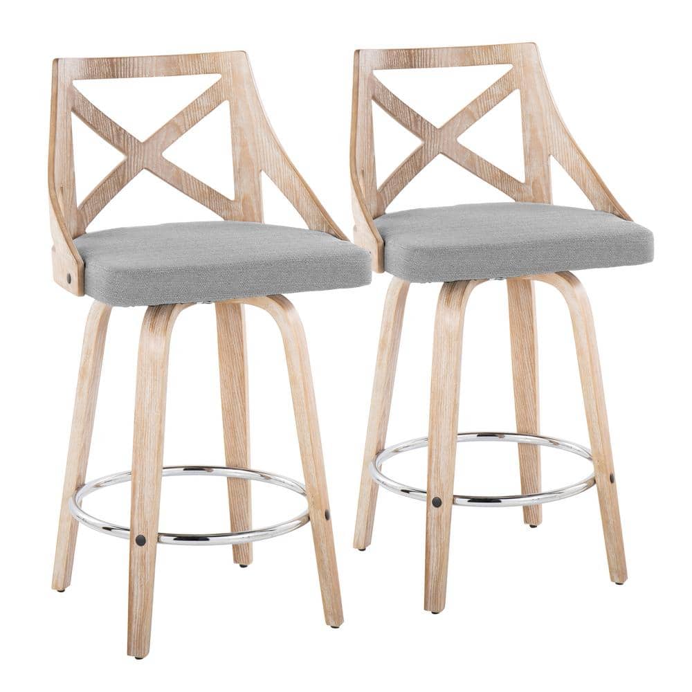 Lumisource Charlotte 25.5 in. Grey Fabric, White Washed Wood and Chrome Metal Fixed-Height Counter Stool Round Footrest (Set of 2), Grey Fabric/ White Washed Wood & Chrome Metal