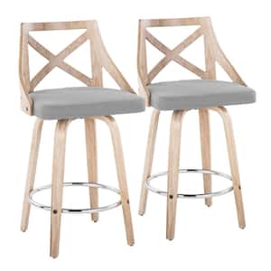 Charlotte 25.5 in. Grey Fabric, White Washed Wood and Chrome Metal Fixed-Height Counter Stool Round Footrest (Set of 2)
