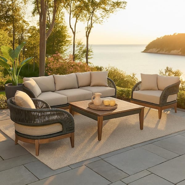 Kimi Brown 4-Piece Wood Patio Conversation Set with Beige Olefin Fabric Cushions