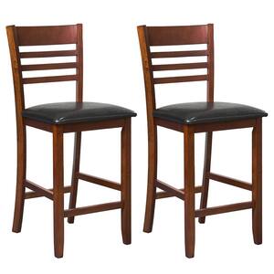 Black & Walnut Counter Height Bar Chair Set of 2 w/Backrest Padded Seat Rubber Wood Frame