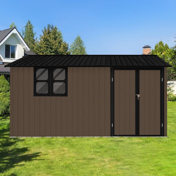Unbranded 10 ft. x 12 ft. Brown Outdoor Double Door Metal Storage Shed with Window, Padlock and Hooks,120 sq. ft.