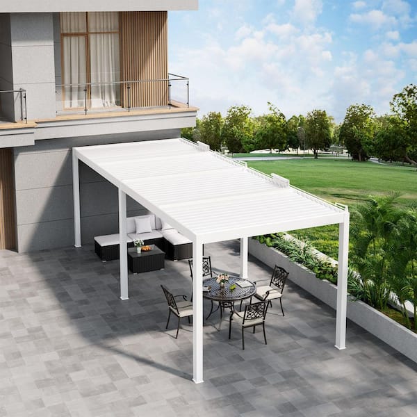 13 ft. x 25 ft. Ivory Aluminum Patio Pergola with Built-In Solar Panel, Ceiling Fan and Round LED Light