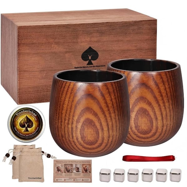 10.14 oz. Charred Wooden Whiskey Glass, Brown Color, Oak Wood and Stainless Steel, Gift for Father's Day (Set of 2)