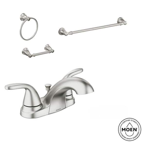 MOEN Adler 4 in. Centerset 2-Handle Bath Faucet with 3-Piece Hardware Set in Spot Resist Brushed Nickel (24 in. Towel Bar)