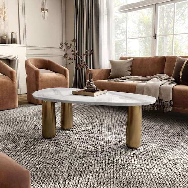 Robert 51 in. White and Matte Gold 3-Leg Oval Sintered Stone Coffee Table with Soft Curved Edges