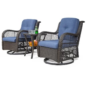 3-Piece Brown Wicker Outdoor Swivel Rocking Chair Set with Blue Cushions Patio Conversation Set (2-Chair)