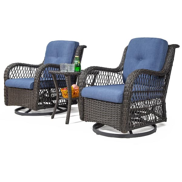 Gardenbee 3-Piece Brown Wicker Outdoor Swivel Rocking Chair Set with Blue Cushions Patio Conversation Set (2-Chair)