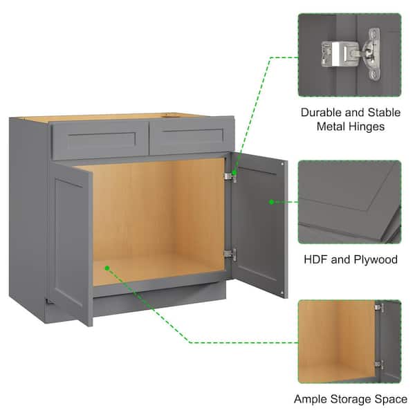 36 in. W. x 24 in. D x 34.5 in. H in Shaker Grey Plywood Ready to Assemble Sink Base Cabinets with Shelf