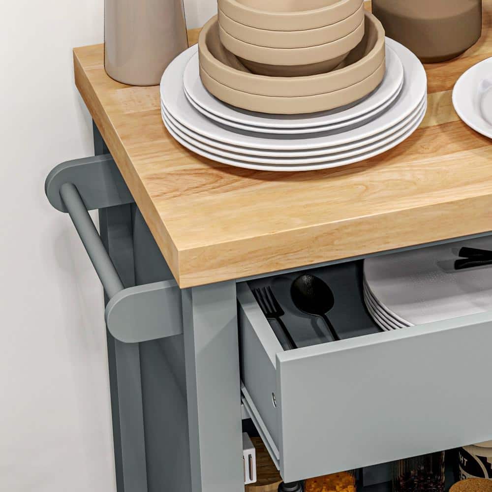 Gray Wood Rolling Kitchen Cart with Butcher Block Top and Storage