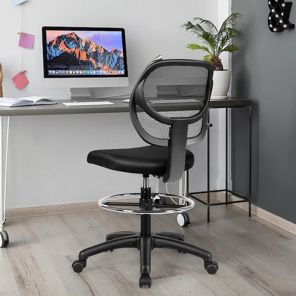 Gymax Mesh Mid Back Adjustable Height Ergonomic Office Chair in Black with Footrest Armless