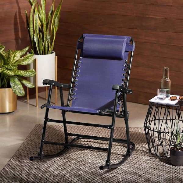Navy Metal Zero Gravity Folding Outdoor Rocking Chair with Pillow