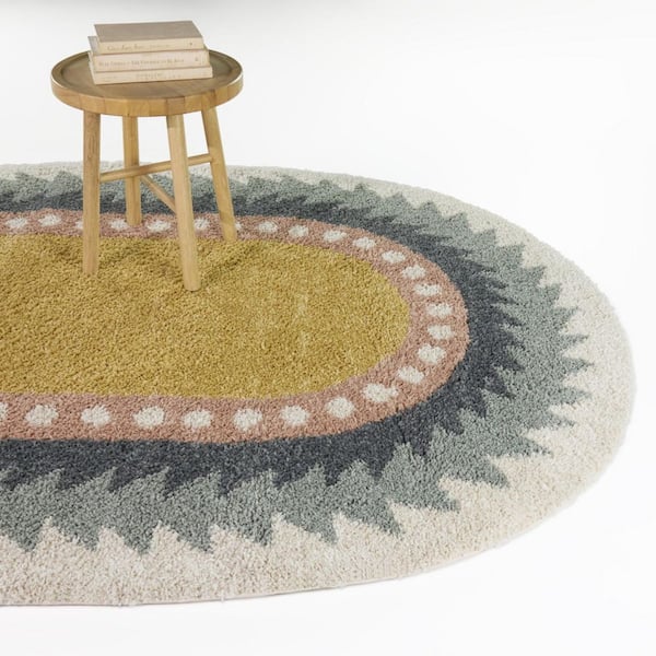 Machado Blue/Yellow 5 ft. 3 in. x 6 ft. 11 in. Oval Triangular Border Area Rug