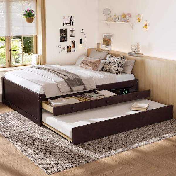 Blaton Brown Wood Frame Full Size Platform Bed with Trundle and 3 Drawers