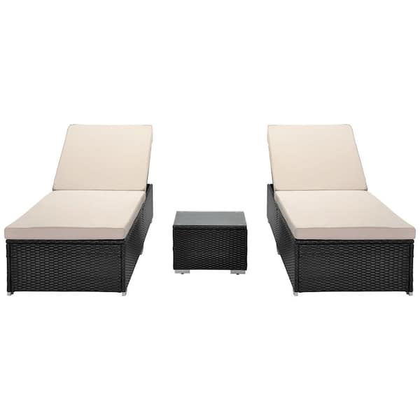 URTR Brown 3-Piece PE Rattan Wicker Outdoor Chaise Lounge 2 Patio Reclining Chairs and 1 Side Table Set with Beige Cushion