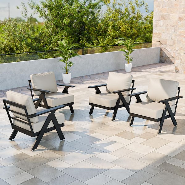 All-Weather Aluminum Garden Outdoor Patio Furniture Metal Lounge Chairs with Beige Cushions (Set of 4)