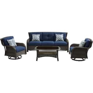 Corrolla 4-Piece Lounge Set with Sofa, 2 Swivel Gliders with cushions, and Woven Coffee Table, Navy Blue