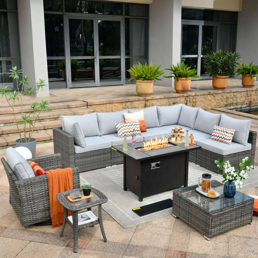 HOOOWOOO Messi Gray 10-Piece Wicker Outdoor Patio Conversation ...