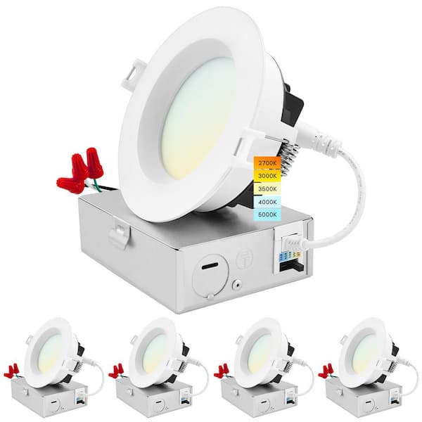 LUXRITE 4 in. Canless w/J-Box 15W 5CCT Selectable 1300LM Remodel IC Rated Integrated LED Recessed Light Kit Wet Rated (4-Pack)