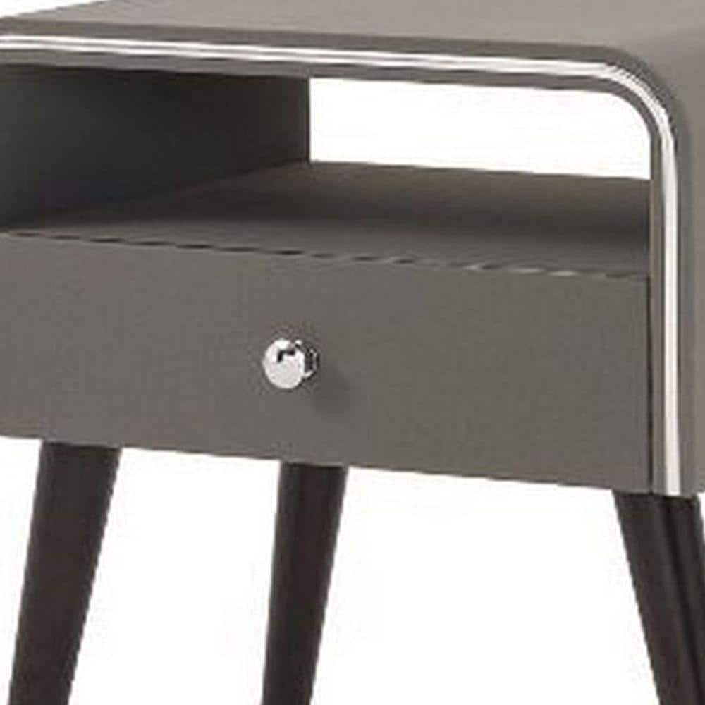 Gray and Brown Curved Edge 1 Drawer Nightstand with Chrome Trim