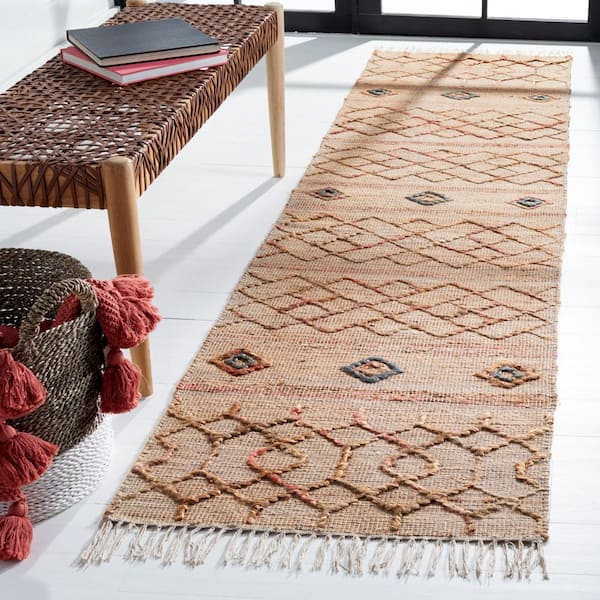 Natural Fiber 2 ft. x 9 ft. Natural/Rust Geometric Runner Rug