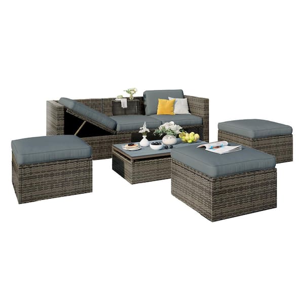 Unbranded 5-Piece Wicker Patio Conversation Set with Adustable Backrest, Gray Cushions, Ottomans and Lift Top Coffee Table