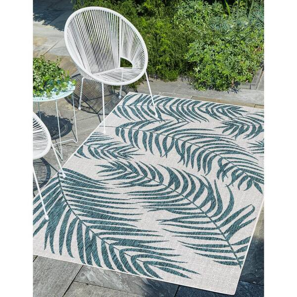 Outdoor Botanical Palm Teal Ivory 9 ft. x 12 ft. Area Rug