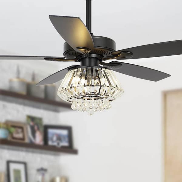 Parrot Uncle Micah 52 in. Indoor Modern Black Downrod Mount Crystal Ceiling Fan with Light Kit and Remote Control