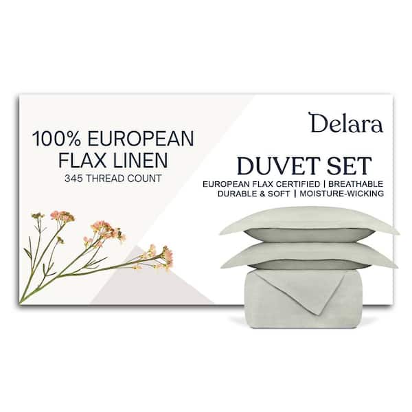Delara 2-Piece Set Light Grey Solid Color 100% European Flex Linen, Twin, Smooth & Breathable, Super Soft, Duvet Cover Sets