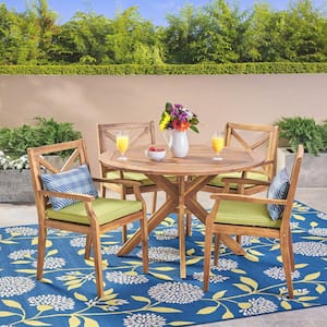 Llano Teak Brown 5-Piece Wood Outdoor Dining Set with Green Cushions