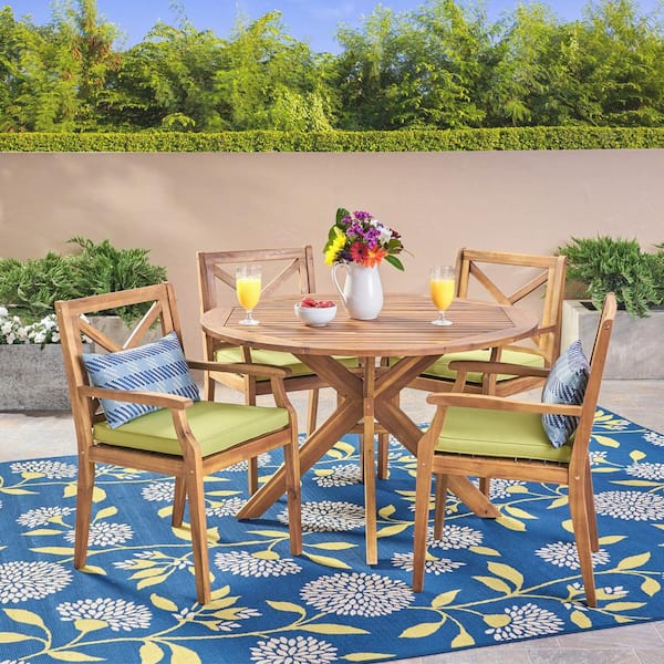 Llano Teak Brown 5-Piece Wood Outdoor Dining Set with Green Cushions