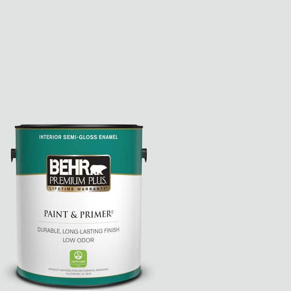 BEHR PREMIUM PLUS 1 gal. #W-F-520 Ash White Semi-Gloss Enamel Low Odor Interior Paint & Primer