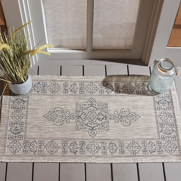 Courtyard Gray/Navy 3 ft. x 5 ft. Border Medallion Indoor/Outdoor Area Rug