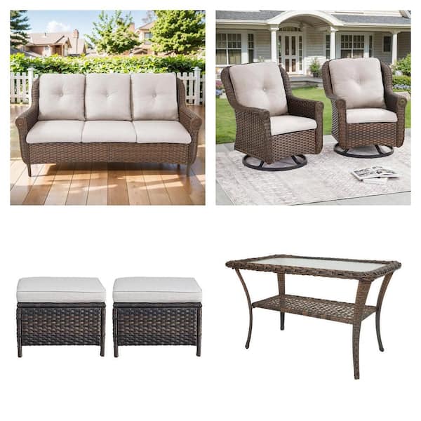 Chrysanthemum Brown Wicker Patio Set: 3-Seat Sofa, 2-Pack Swivel Rocking Chairs, Ottomans (2-Pack) and Side Table