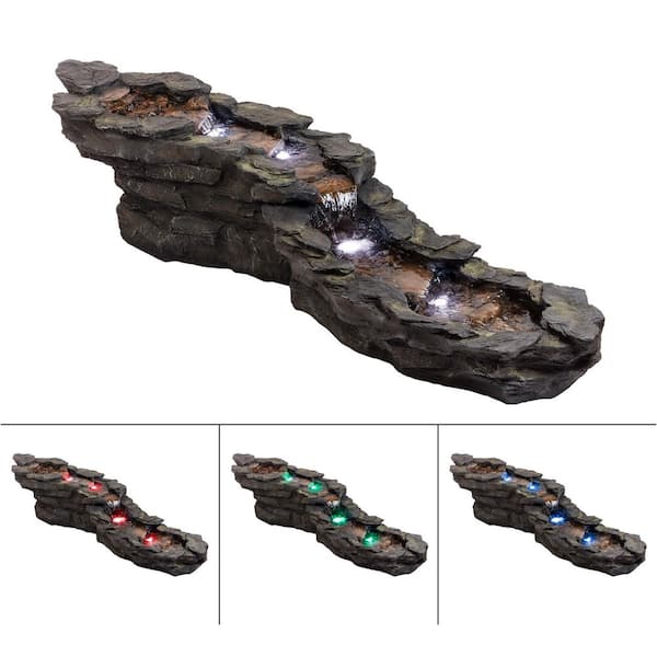 Alpine Corporation 76 in. Long Outdoor Tiered Rocky River Stream Water Fountain with LED Lights, Brown