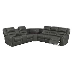 Amelia 4-Piece Gray Faux Leather L-Shaped Left-Facing Motion Reclining Sectional Sofa with Storage Consoles