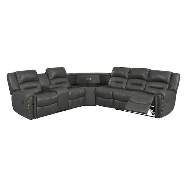 Unbranded Amelia 4-Piece Gray Faux Leather L-Shaped Left-Facing Motion Reclining Sectional Sofa with Storage Consoles