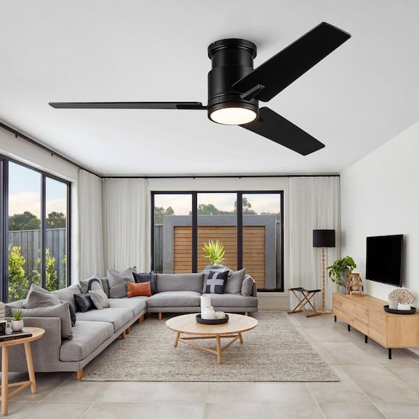 Avex 52 in. Black Standard Flush Mount Ceiling Fan with Remote Control and Dimmable Integrated LED