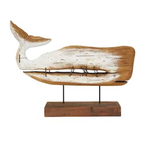 Brown Wood Handmade Whale Sculpture with Painted White Accents and Metal Details