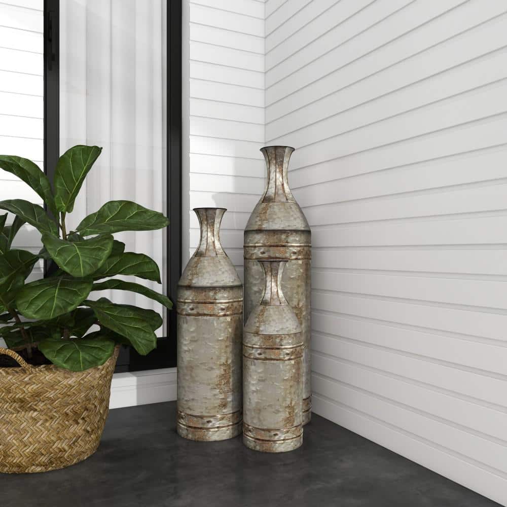 Galvanized Metal Cylinder Floor Vases, Set of 3, Farmhouse Decor